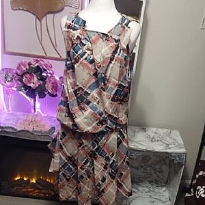 Sleeveless Plaid Midi Dress in Beige and Blue
